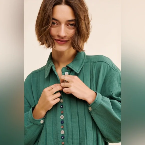 Free People Thalia Mini Shirtdress S Pullover Jacket Button Oversized Teal Boho - Picture 2 of 16